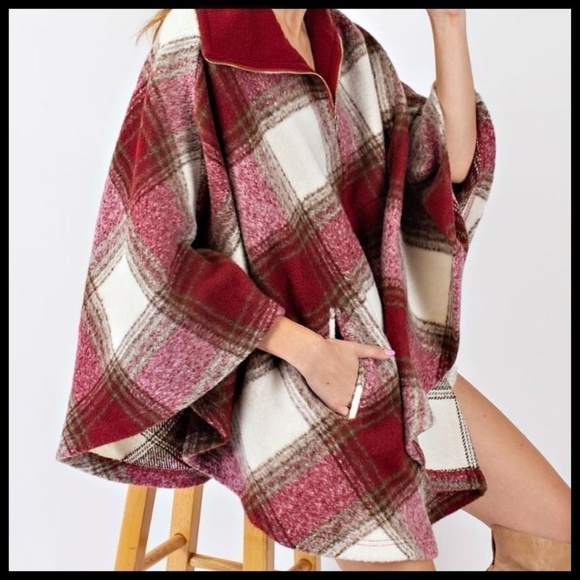 Easel Ultra Lux Cozy Red Plaid Wool Blend Poncho Cape Zippered Neck NWT - Picture 2 of 15